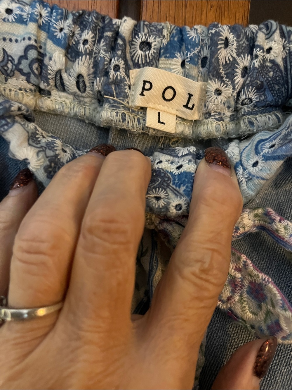 NWOT POL Denim Floral & Lace Patchwork Harem Pants w/Elastic Drawstring Waist - Picture 7 of 11